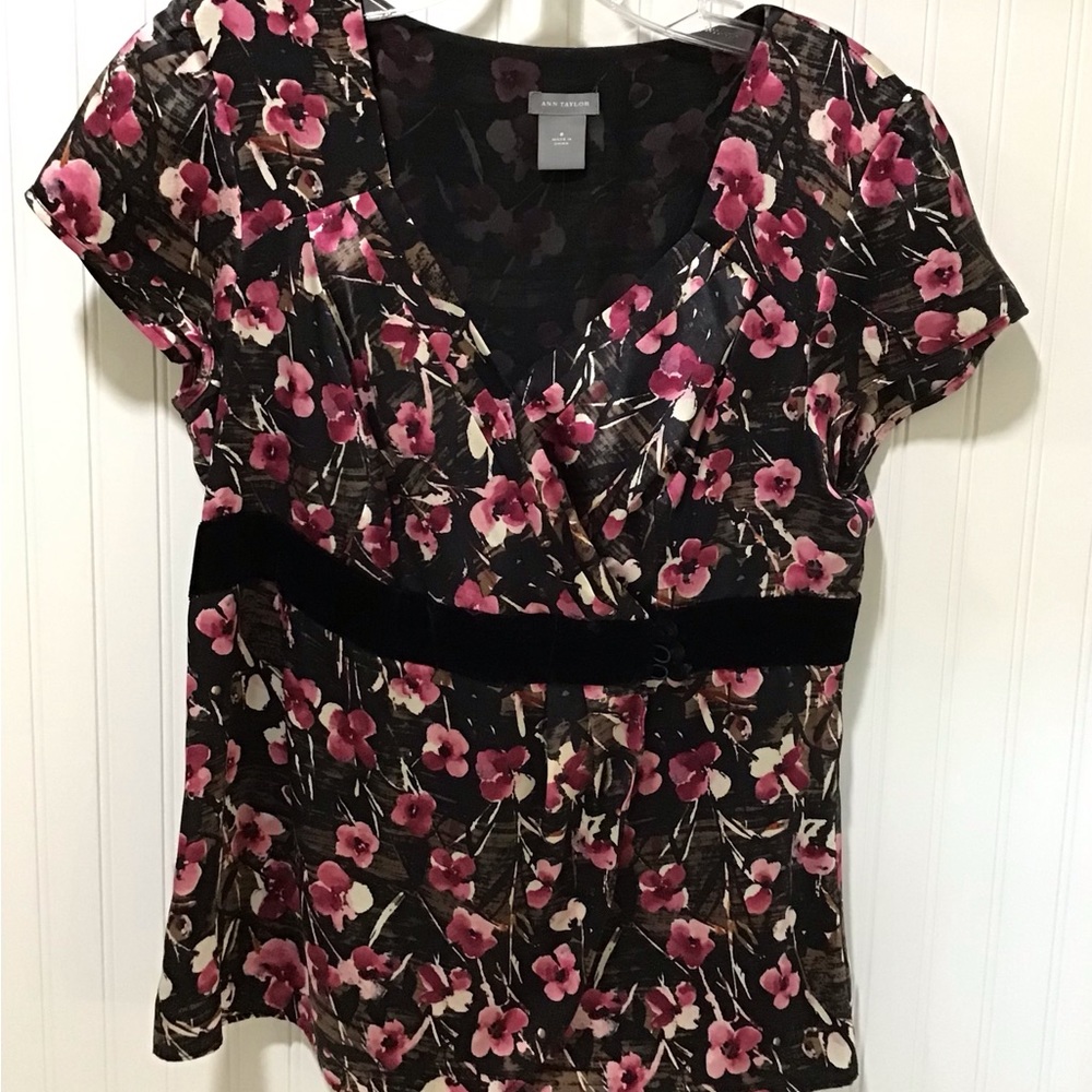 Silk floral top with black velvet trim
